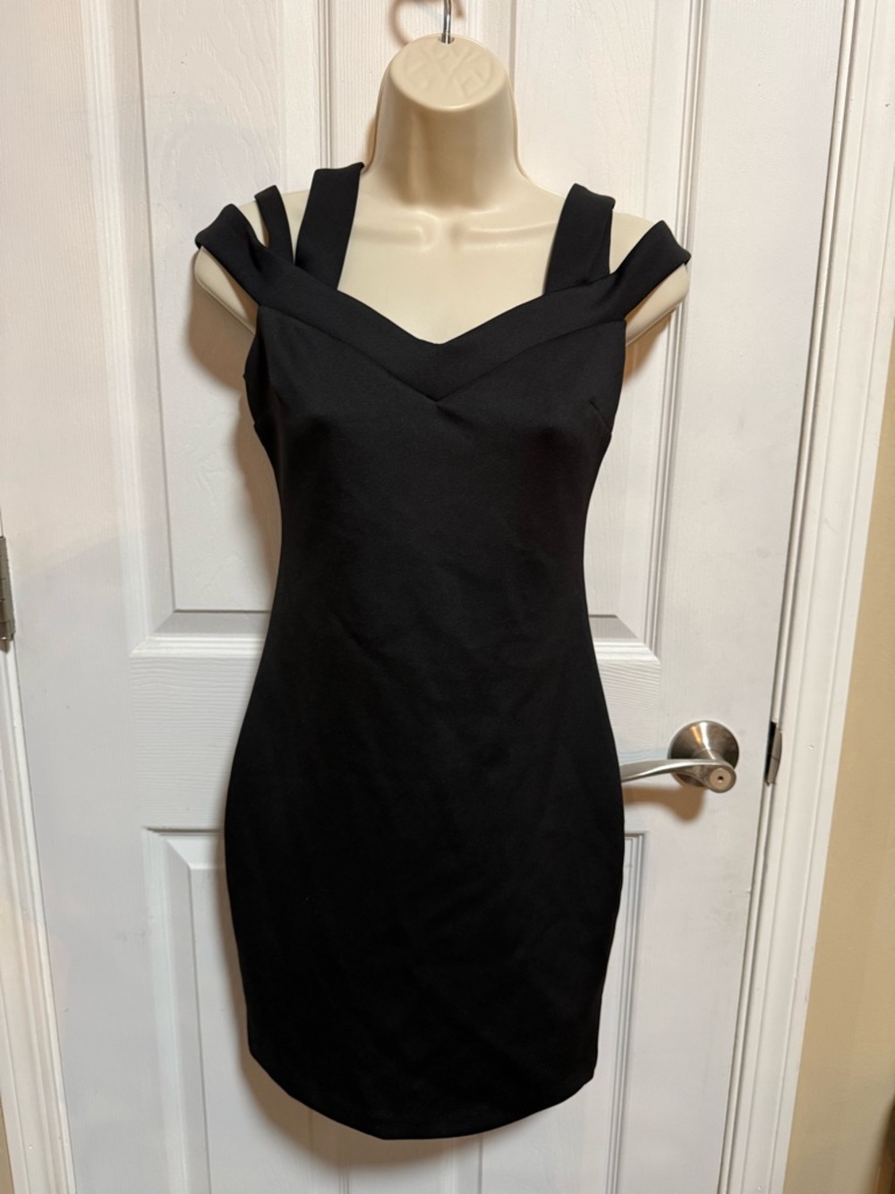 Guess Black Off-Shoulder Mini Dress with Double Strap Accents